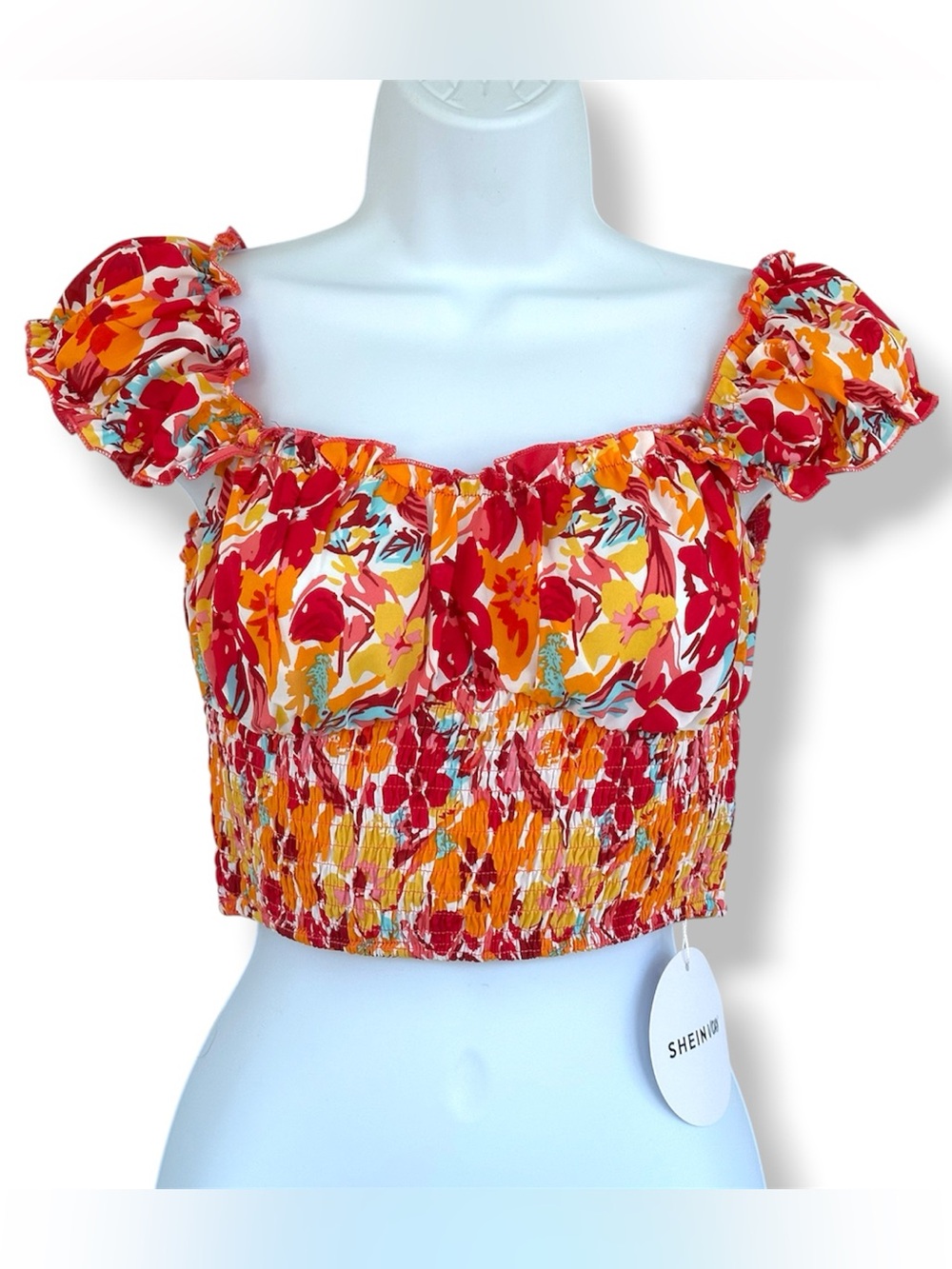 SHEIN Pink & Orange Floral Smocked Puff-Sleeve Crop Top